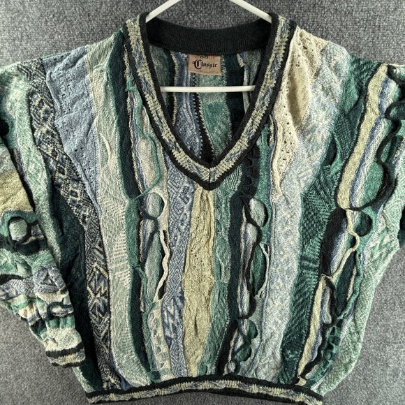 COOGI Classic Linen Cotton Blend Blue V Neck Australia Sweater Large 3D Knit - Picture 1 of 16